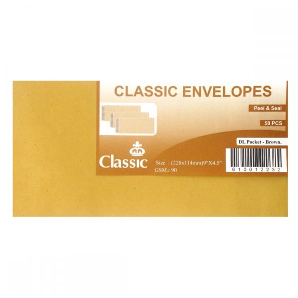 Classic, Brown Envelope, A5, Self Seal, 50pcs packet